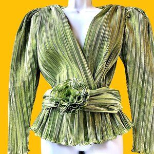 Vintage 80's Metallic Peridot Accordian Pleats Evening Blouse Belt Flower